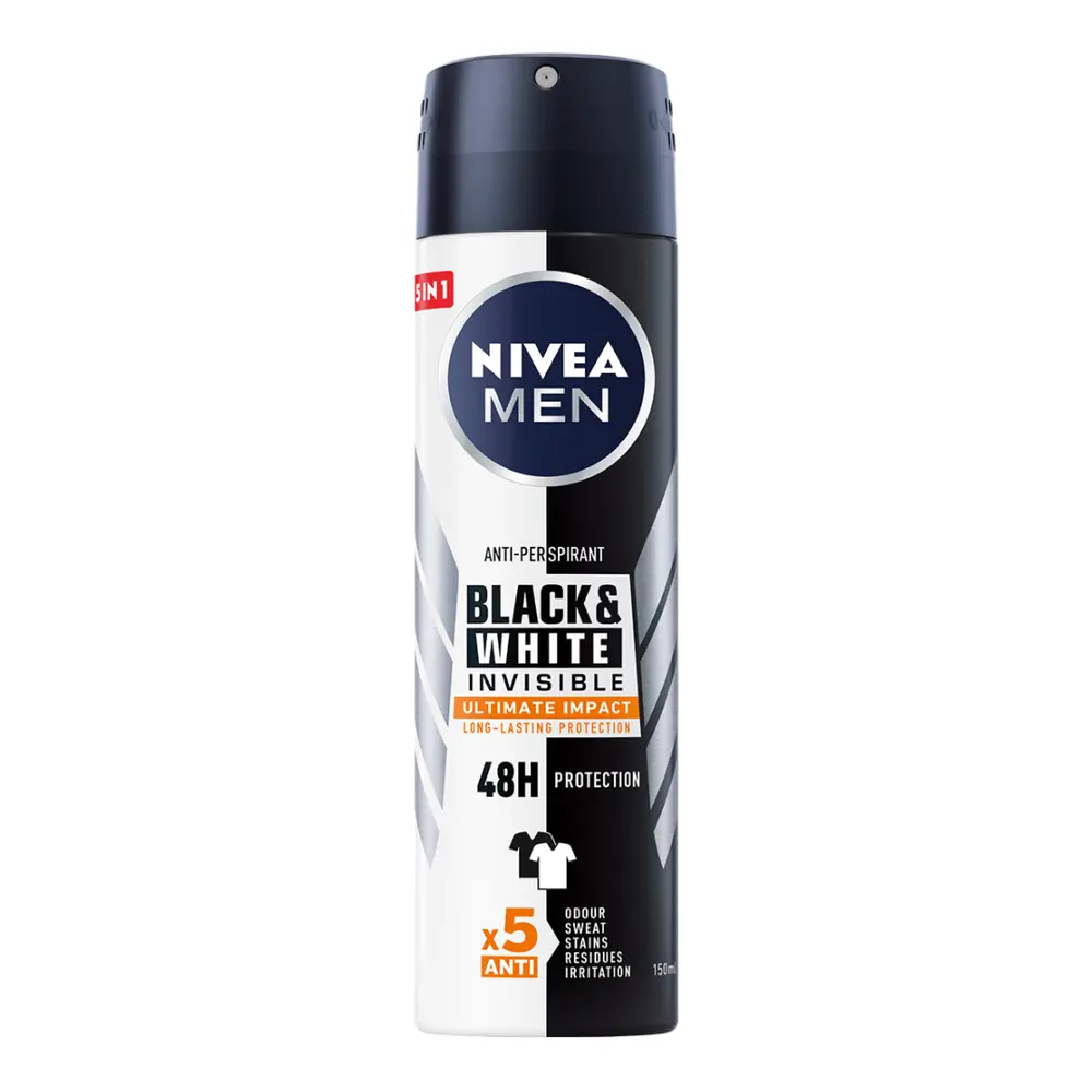 Xịt Khử Mùi Nam, Men, Anti-Perspirant 5 in 1 Spray, Black & White Invisible, Ultimate Impact (150ml) - NIVEA