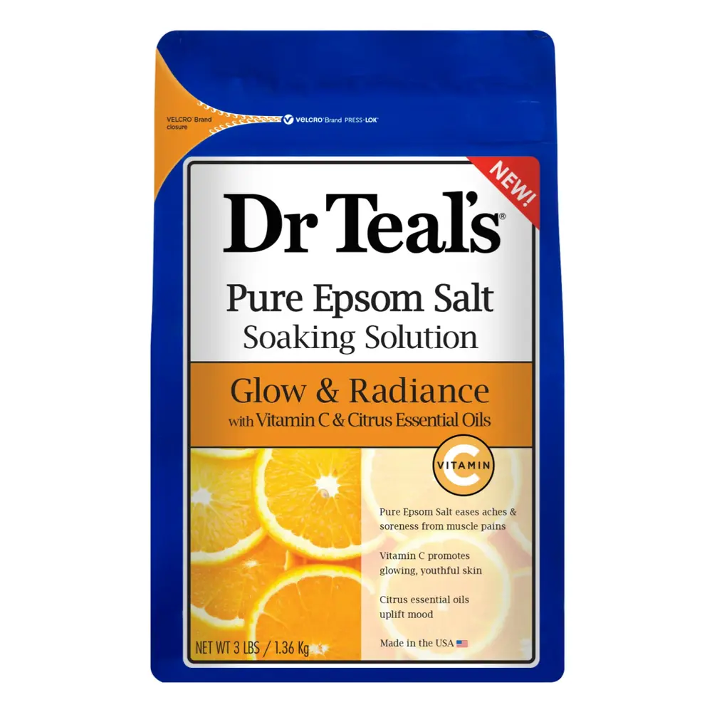 Muối Tắm Sáng Da Vitamin C, Pure Epsom Salt Soaking Solution, Glow & Radiance with Vitamin C & Citrus Essential Oils, 3 lbs (1.36kg) - DR TEAL'S