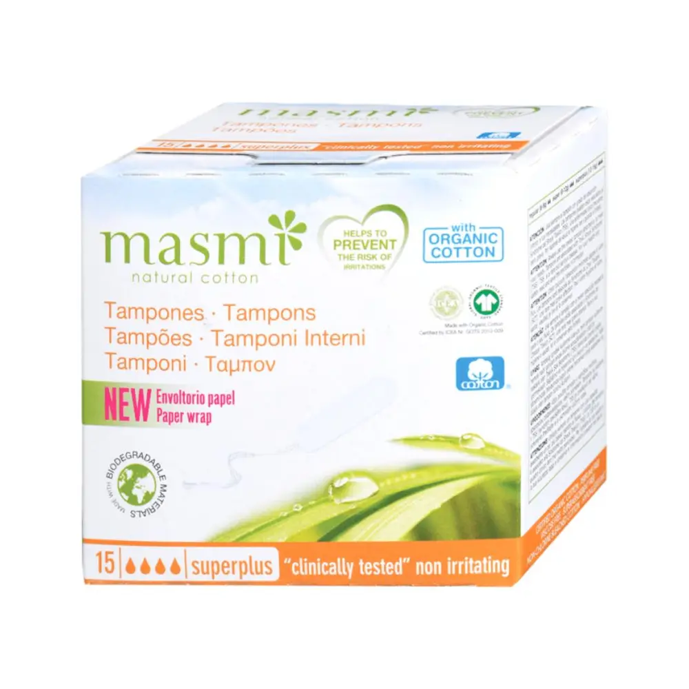 Tampon Hữu Cơ Không Cần Đẩy, 4 Giọt, Organic Cotton Tampons, Superplus, 15 Cái - MASMI