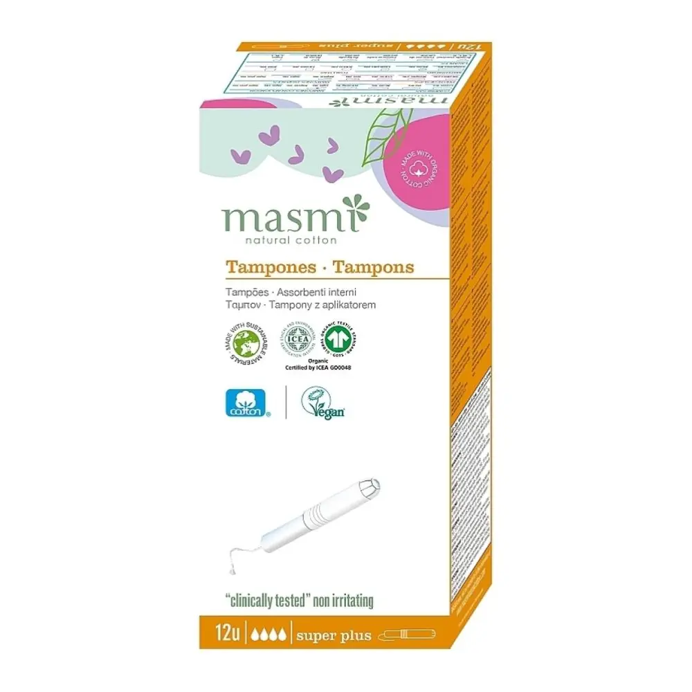 Tampon Hữu Cơ Có Cần Đẩy, 4 Giọt, Organic Cotton Tampons with Applicator, Super Plus, 12 Cái - MASMI