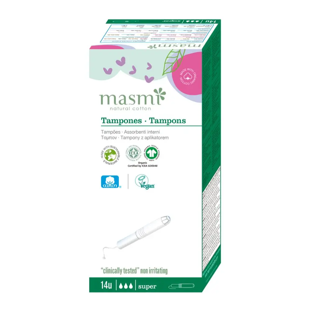 Tampon Hữu Cơ Có Cần Đẩy, 3 Giọt, Organic Cotton Tampons with Applicator, Super, 14 Cái - MASMI