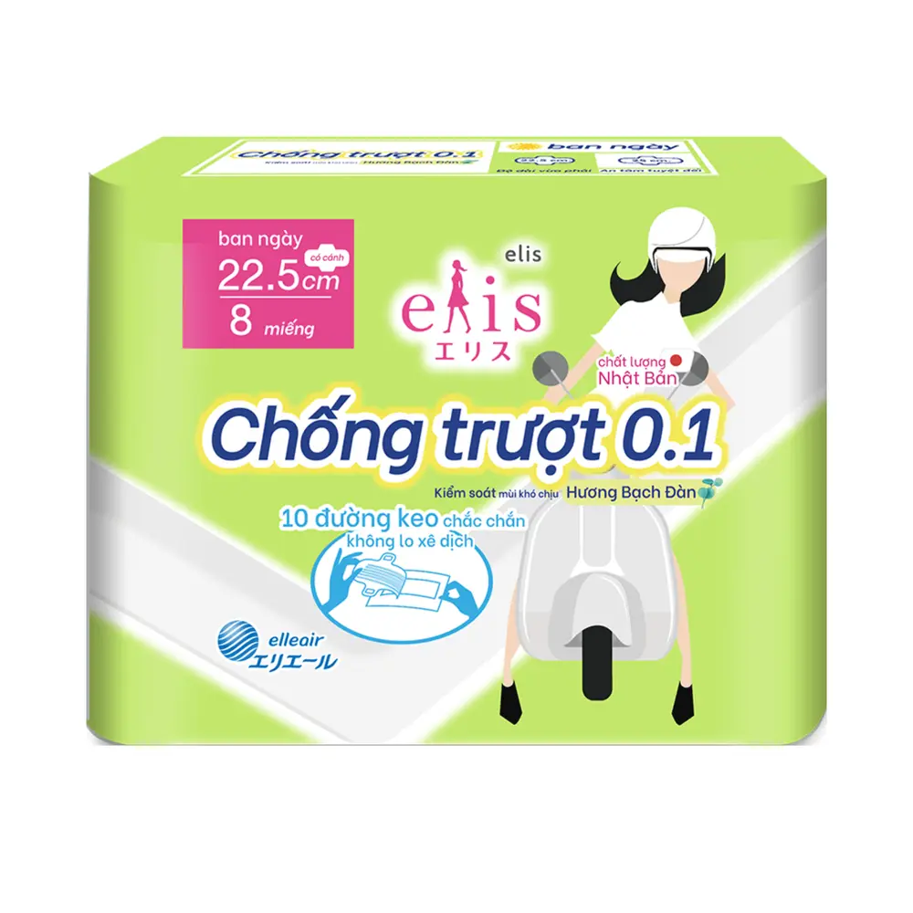 Băng Vệ Sinh Ban Ngày Chống Trượt 0.1, Non-Slip Day Sanitary Pads, 8 Miếng (22.5cm) - ELIS