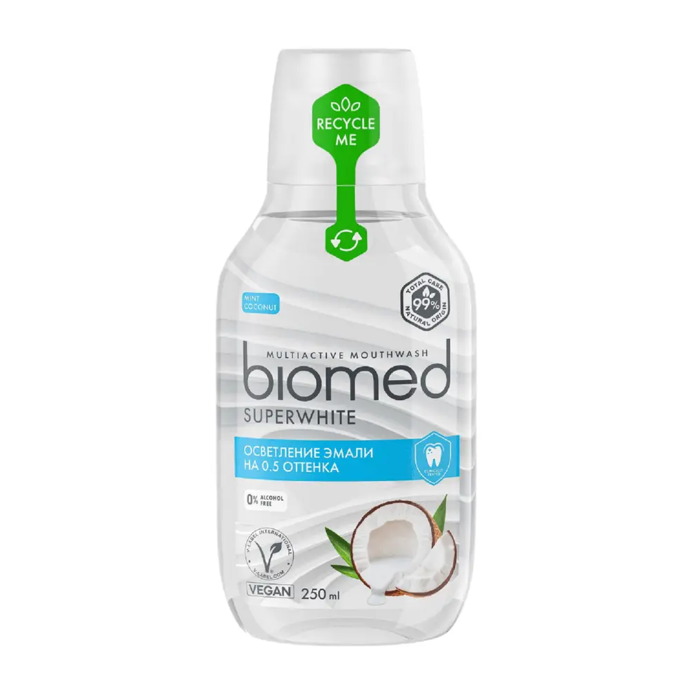 Nước Súc Miệng Dừa Bạc Hà Giúp Trắng Răng, Multiactive Mouthwash, Superwhite, Mint Coconut (250ml) - BIOMED