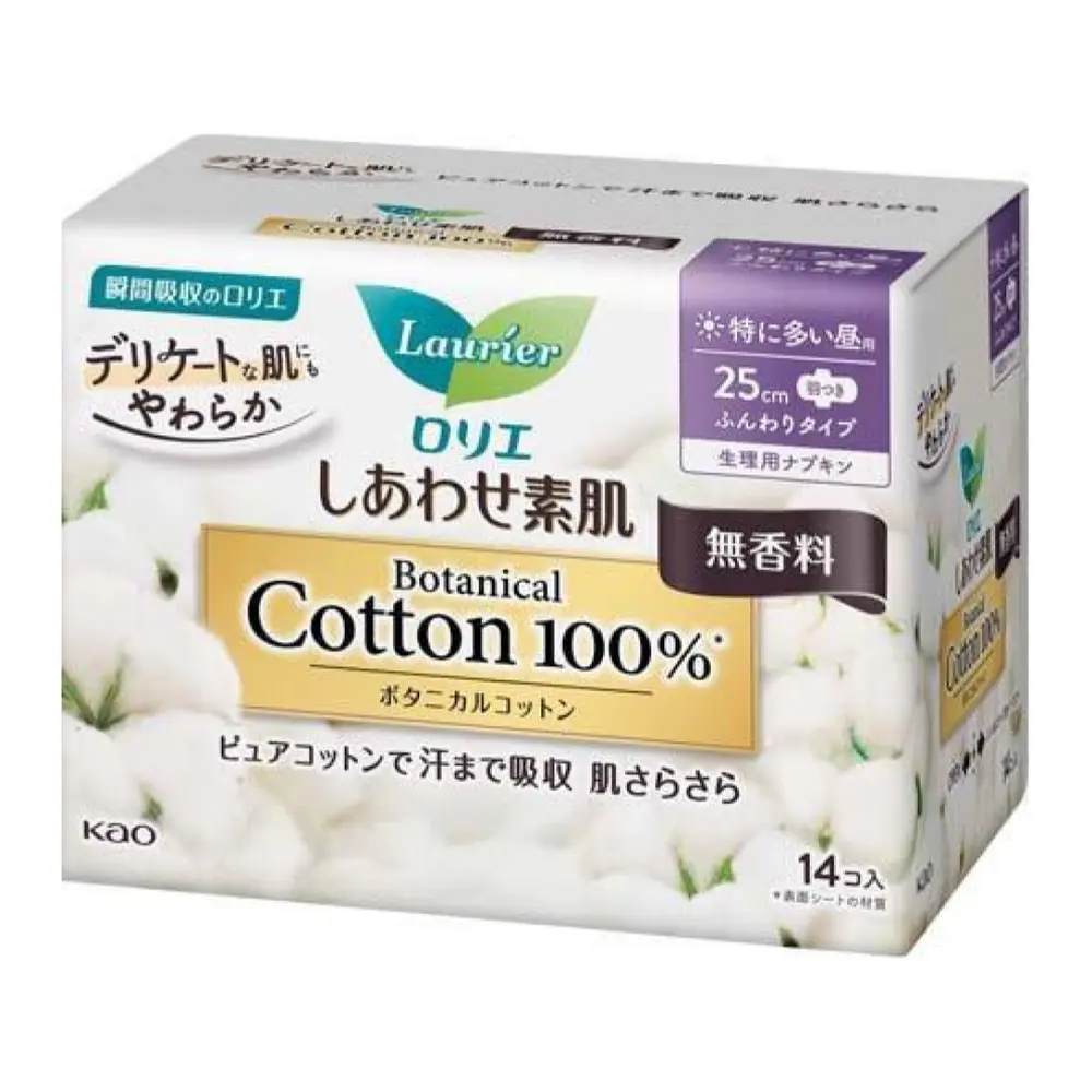 Băng Vệ Sinh Ban Ngày Có Cánh Không Mùi, Happy Skin Botanical Cotton 100% Heavy Day Sanitary Pads, Unscented, 14 Miếng (25cm) - LAURIER