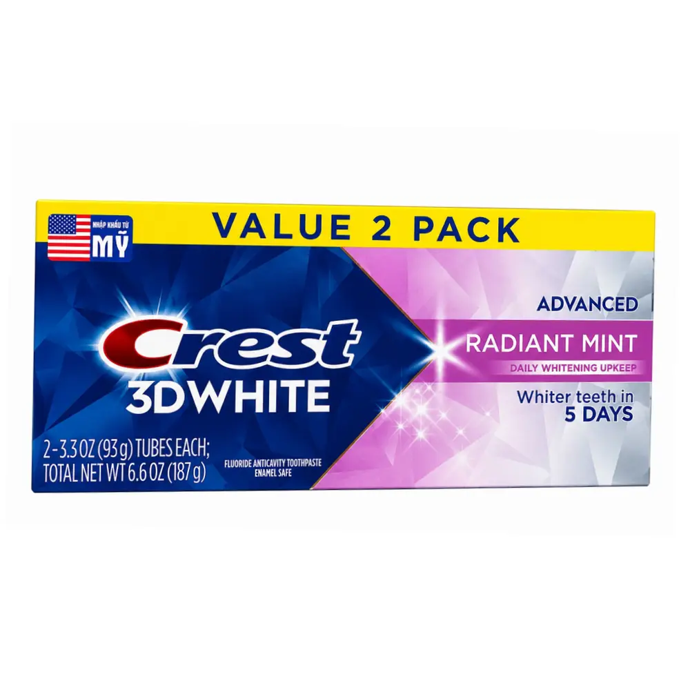 Combo Kem Đánh Răng Bạc Hà Trắng Răng, Fluoride Anticavity Toothpaste, 3D White Advanced Radiant Mint, 2 Tuýp, 6.6 oz (187g) - CREST