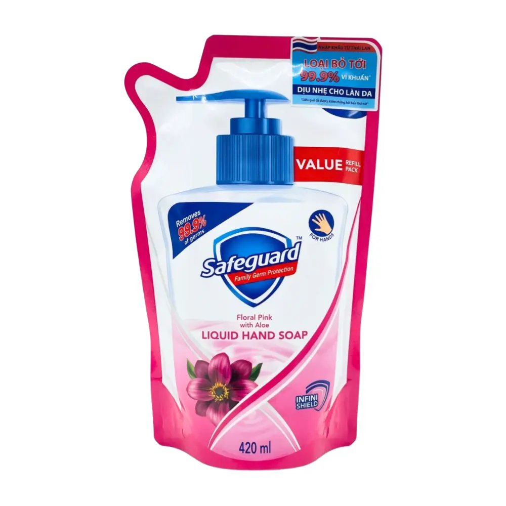 Nước Rửa Tay Hồng Hoa & Lô Hội, Germ Protection Hand Wash, Floral Pink with Aloe Liquid Hand Soap, Refill Pack (420ml) - SAFEGUARD