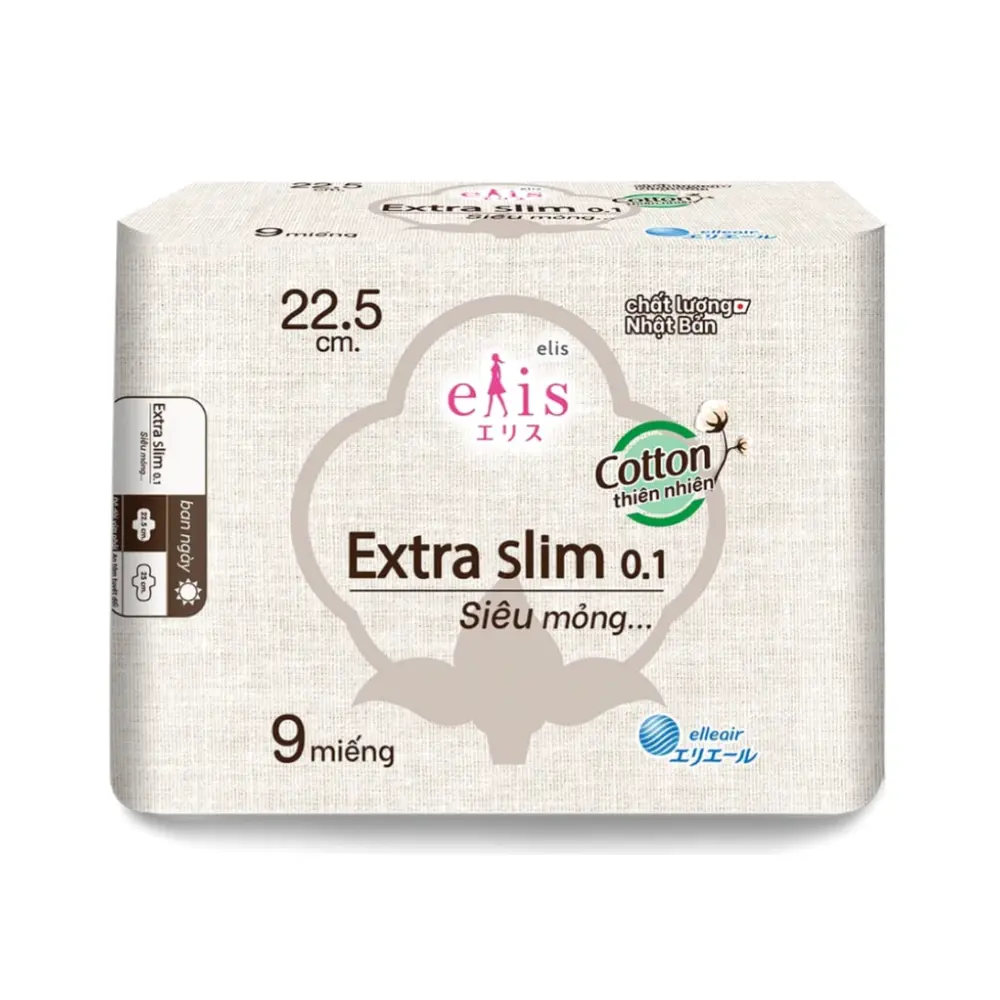 Băng Vệ Sinh Siêu Mỏng, Extra Slim 0.1, Cotton Plus Sanitary Pads, 9 Miếng (22.5cm) - ELIS