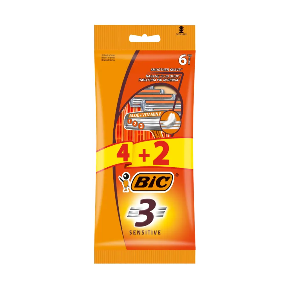 Dao Cạo Râu 3 Lưỡi, Sensitive Men`s 3-Blade Shaver, 6 Cái - BIC