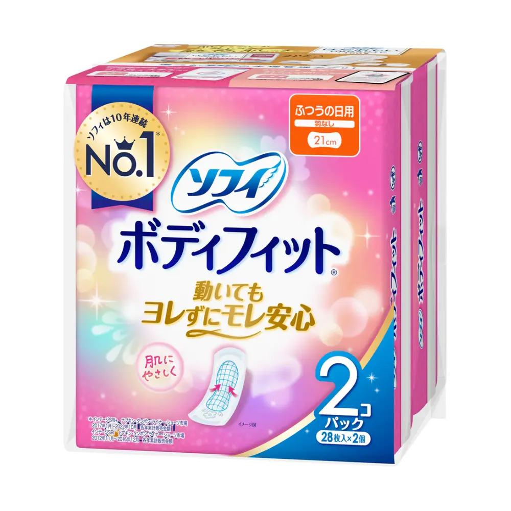 Băng Vệ Sinh Ban Ngày Không Cánh, Sofy Body Fit, Panty Liners, Regular Day Wingless, 2 Gói, 56 Miếng (21cm) - UNICHARM