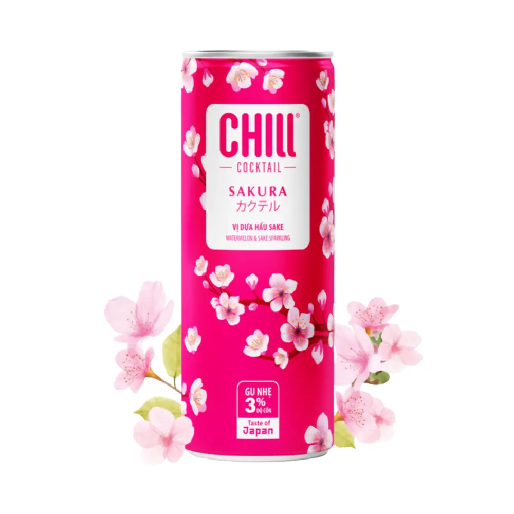 Nước Trái Cây Lên Men Vị Dưa Hấu Sake, Sakura Watermelon & Sake Sparkling, 3% (250ml) - CHILL COCKTAIL