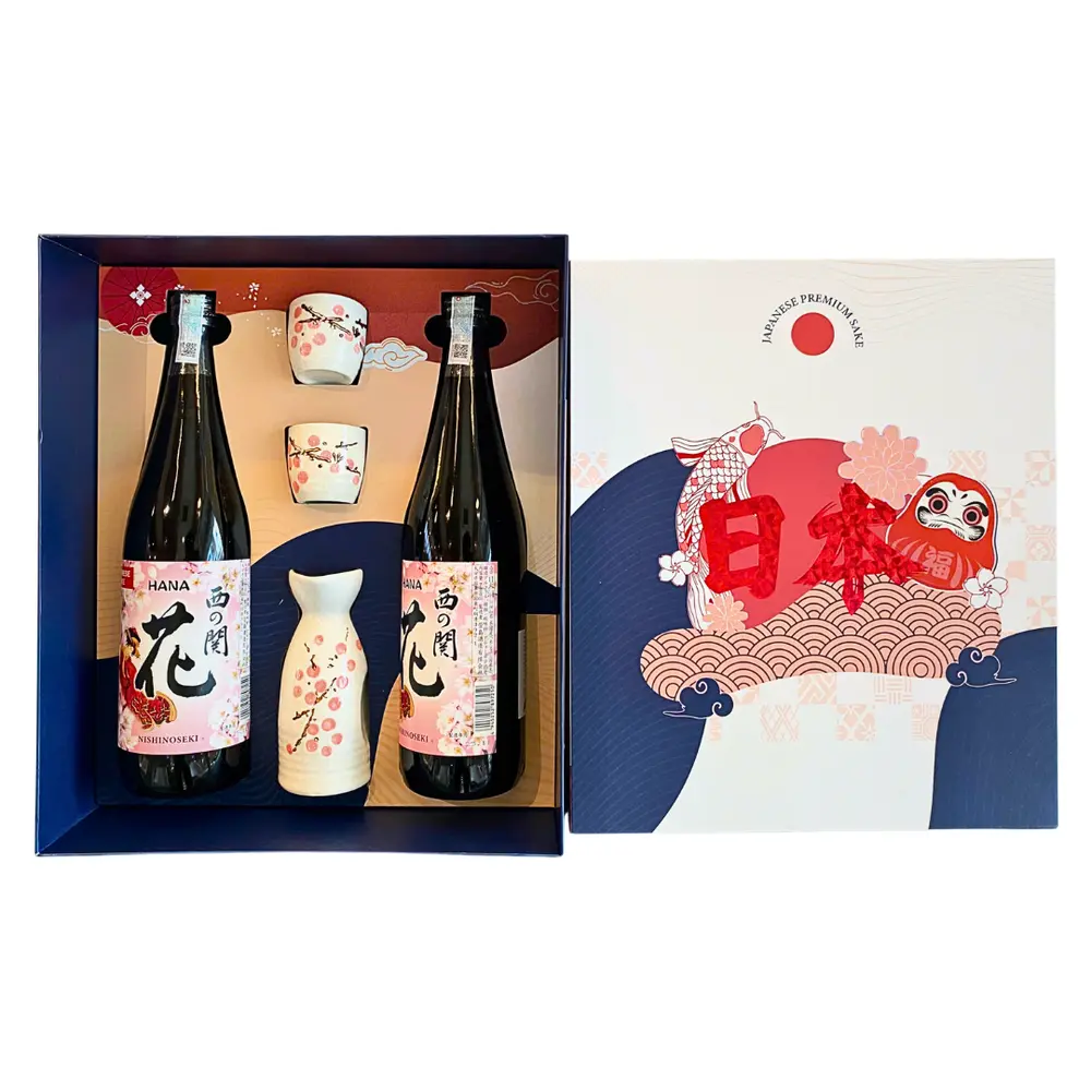 Set Quà Tặng Rượu Sake Nhật Bản Hoa Anh Đào & Bộ Bình Ly Gốm, Daruma, Japanese Hana Sake & Ceramic Sake Set, 2 Chai (1440ml) - NAKANO