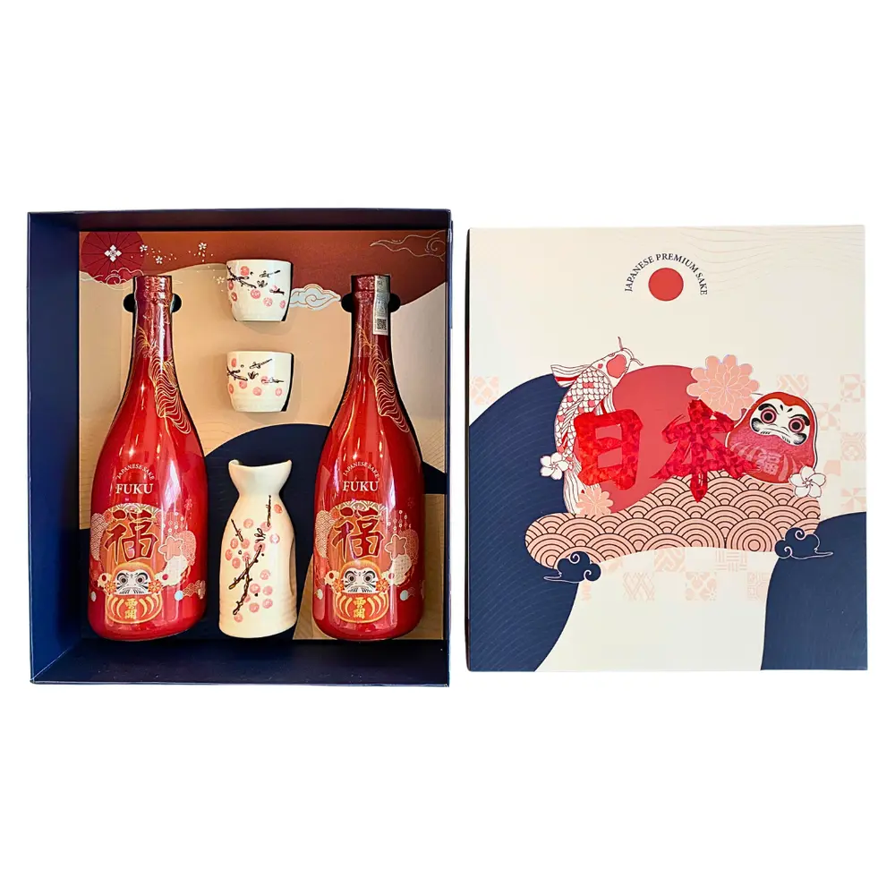 Set Quà Tặng Rượu Sake Nhật Bản & Bộ Bình Ly Gốm, Daruma, Nishinoseki Fuku, Japanese Sake & Ceramic Sake Set, 14% (1440ml) - NISHINOSEKI