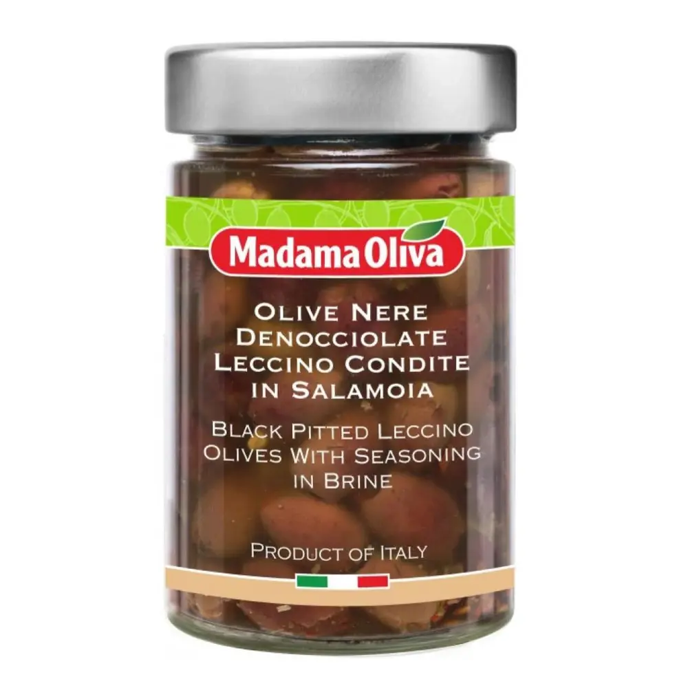 Oliu Đen Tách Hạt Ngâm Muối, Black Pitted Leccino Olives with Seasoning in Brine (160g) - MADAMA OLIVA