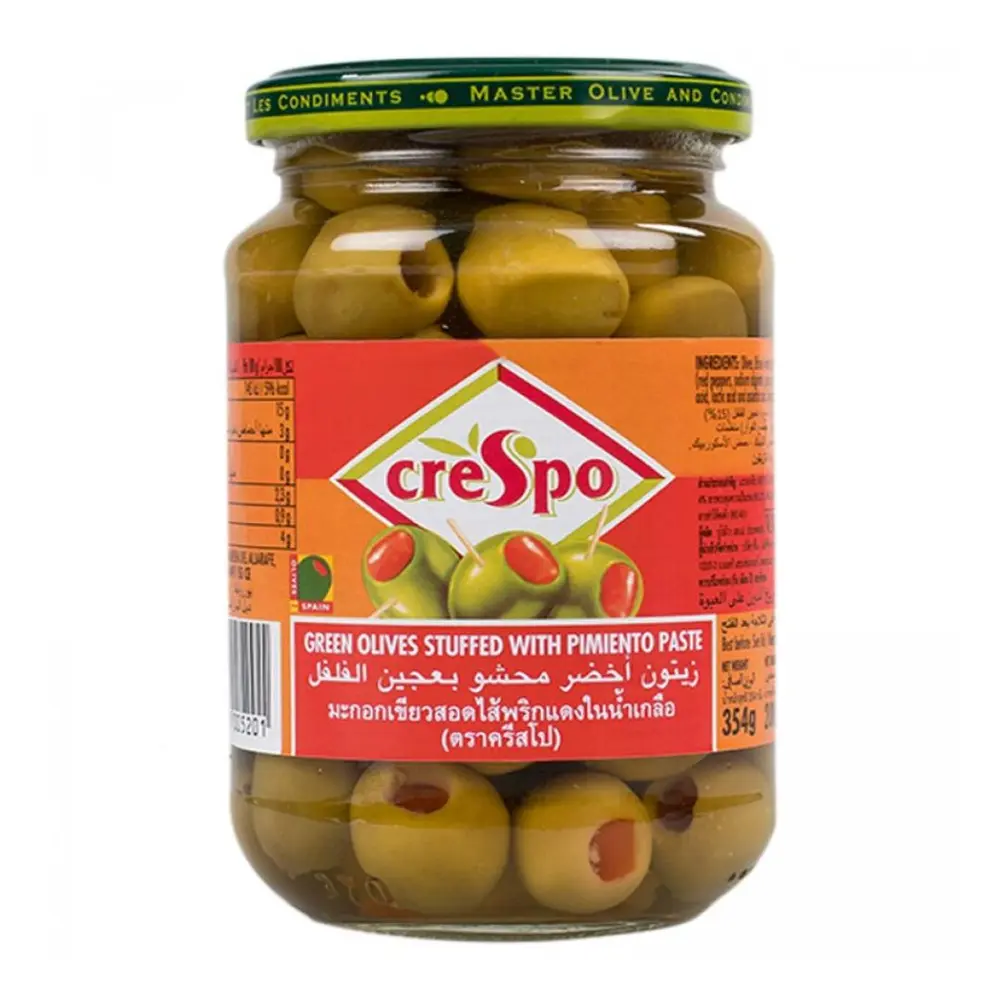 Oliu Xanh Nhồi Ớt, Green Olives Stuffed with Pimiento Paste (370ml) - CRESPO