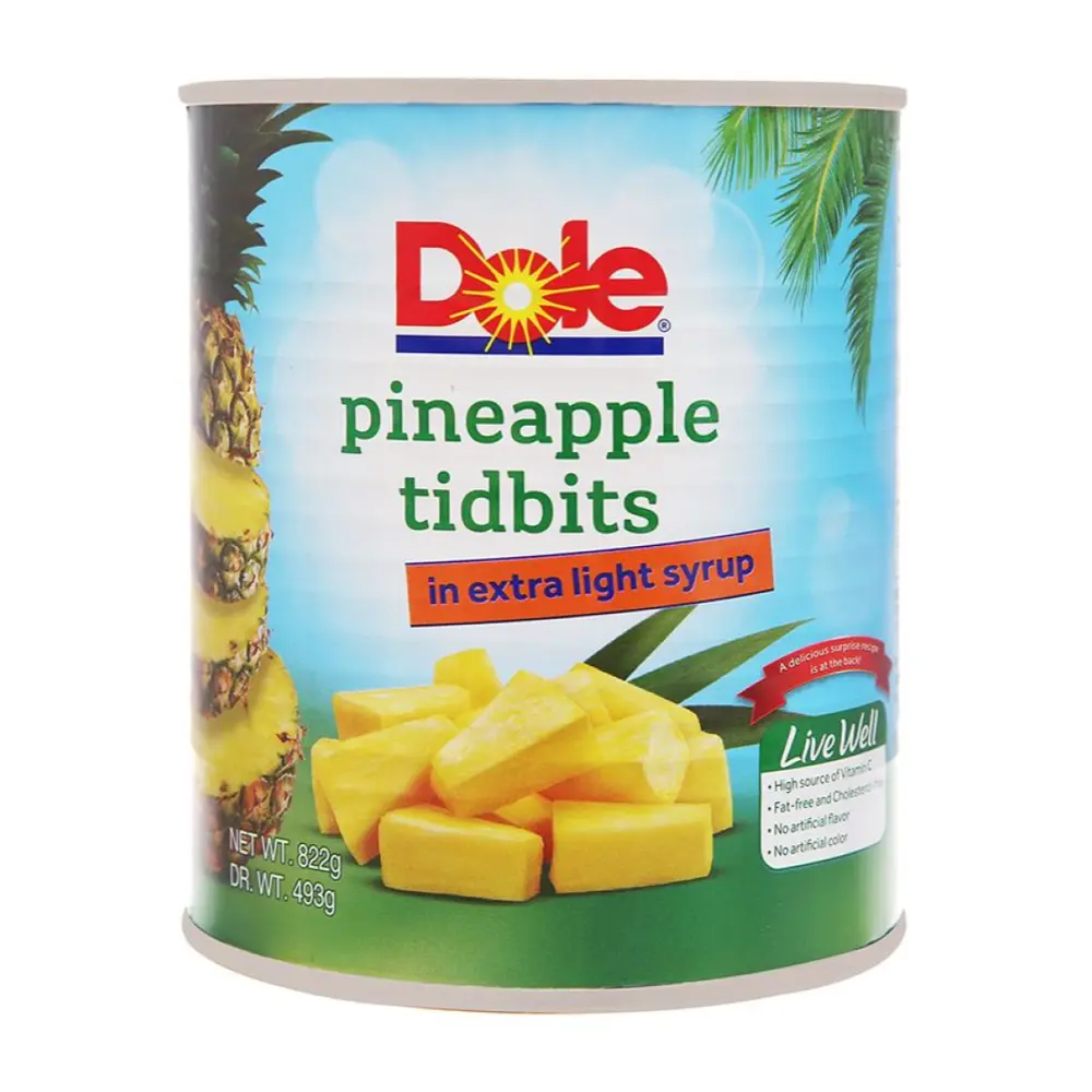 Dứa Tươi Miếng Nhỏ Ngâm Siro, Pineapple Tidbits in Extra Light Syrup (822g) - DOLE