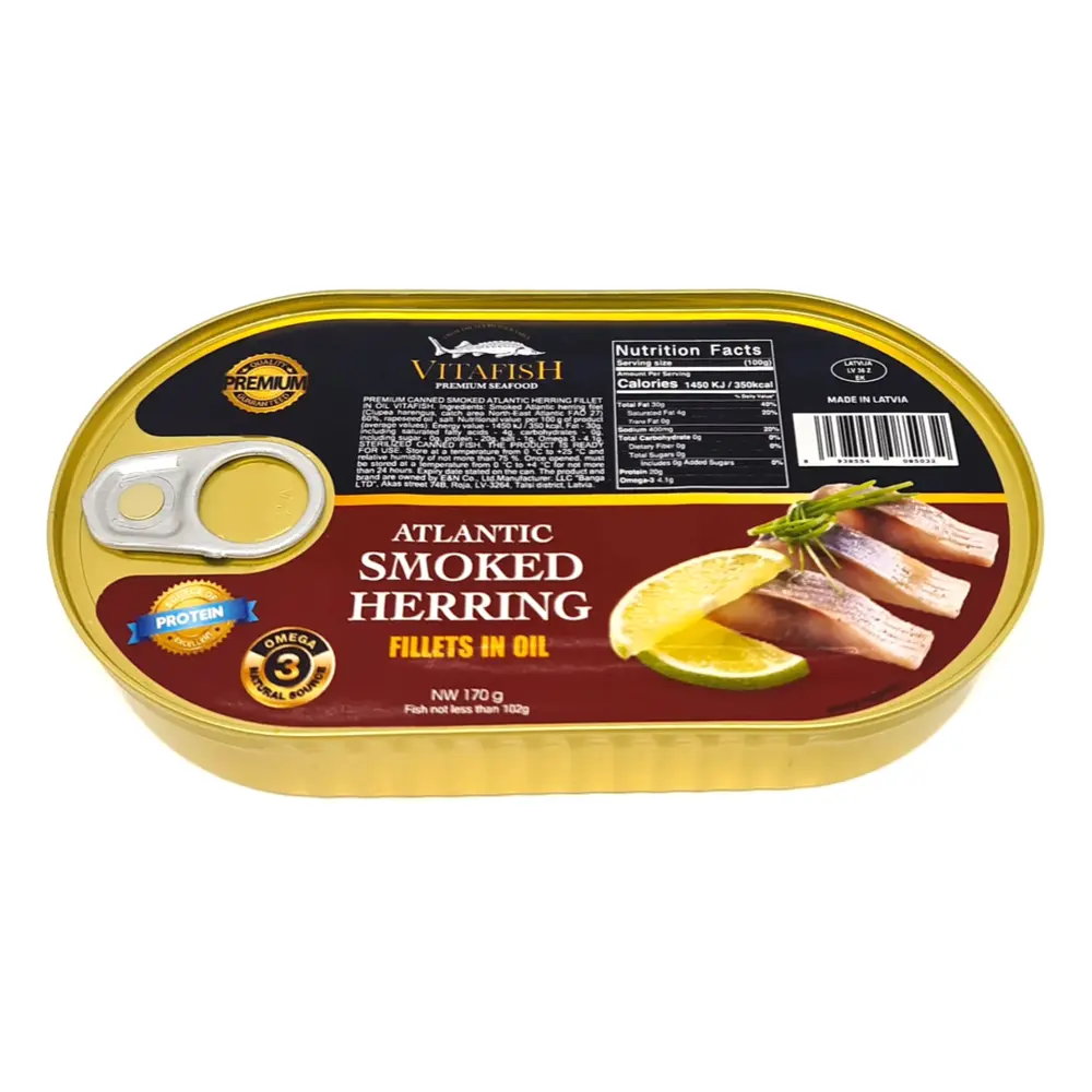 Phi Lê Cá Trích Đại Tây Dương Hun Khói Ngâm Dầu, Premium Seafood, Atlantic Smoked Herring Fillets in Oil (170g) - VITAFISH