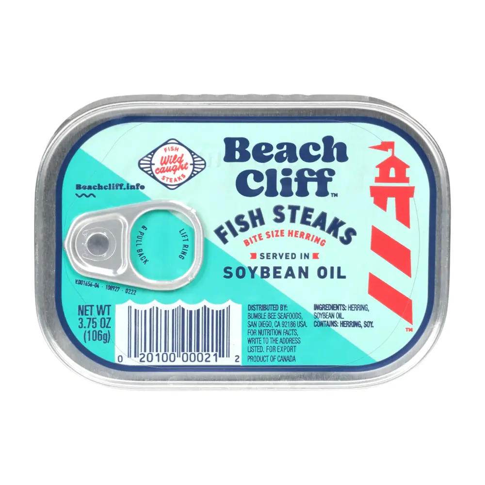 Cá Trích Phi Lê Ngâm Dầu Đậu Nành, Fish Steaks Bite Size Herrings in Soybean Oil, 3.75 oz (106g) - BEACH CLIFF