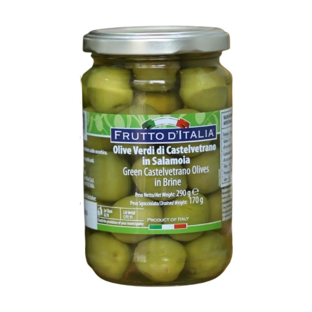 Oliu Xanh Nguyên Trái Ngâm Nước Muối, Green Castelvetrano Olives in Brine (290g) - FRUTTO D'ITALIA