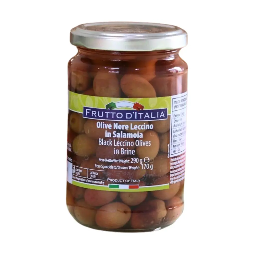 Oliu Đen Nguyên Trái Ngâm Nước Muối, Black Leccino Olives in Brine (290g) - FRUTTO D'ITALIA