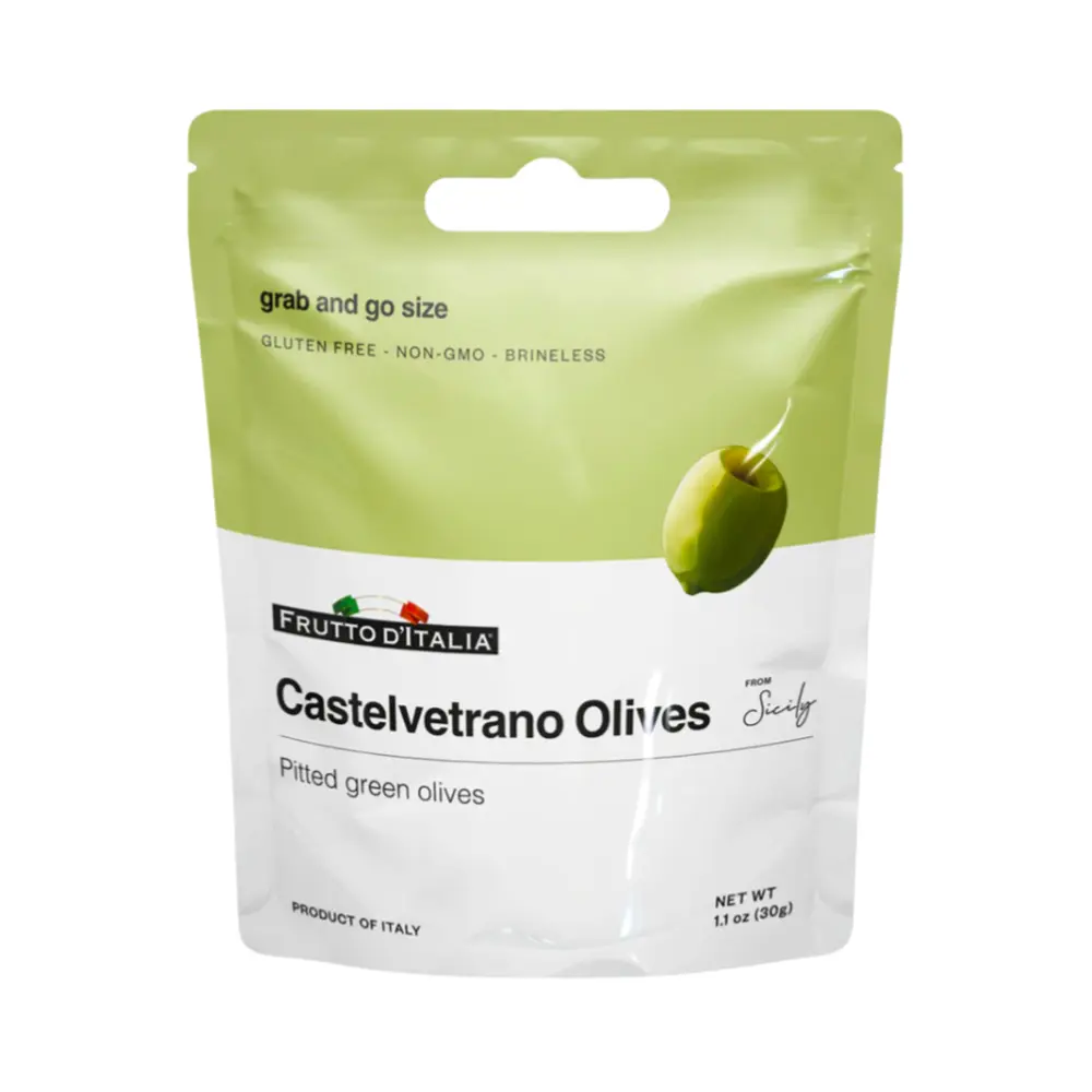 Oliu Xanh Tách Hạt, Castelvetrano Olives, Pitted Green Olives, 1.1 oz (30g) - FRUTTO D'ITALIA