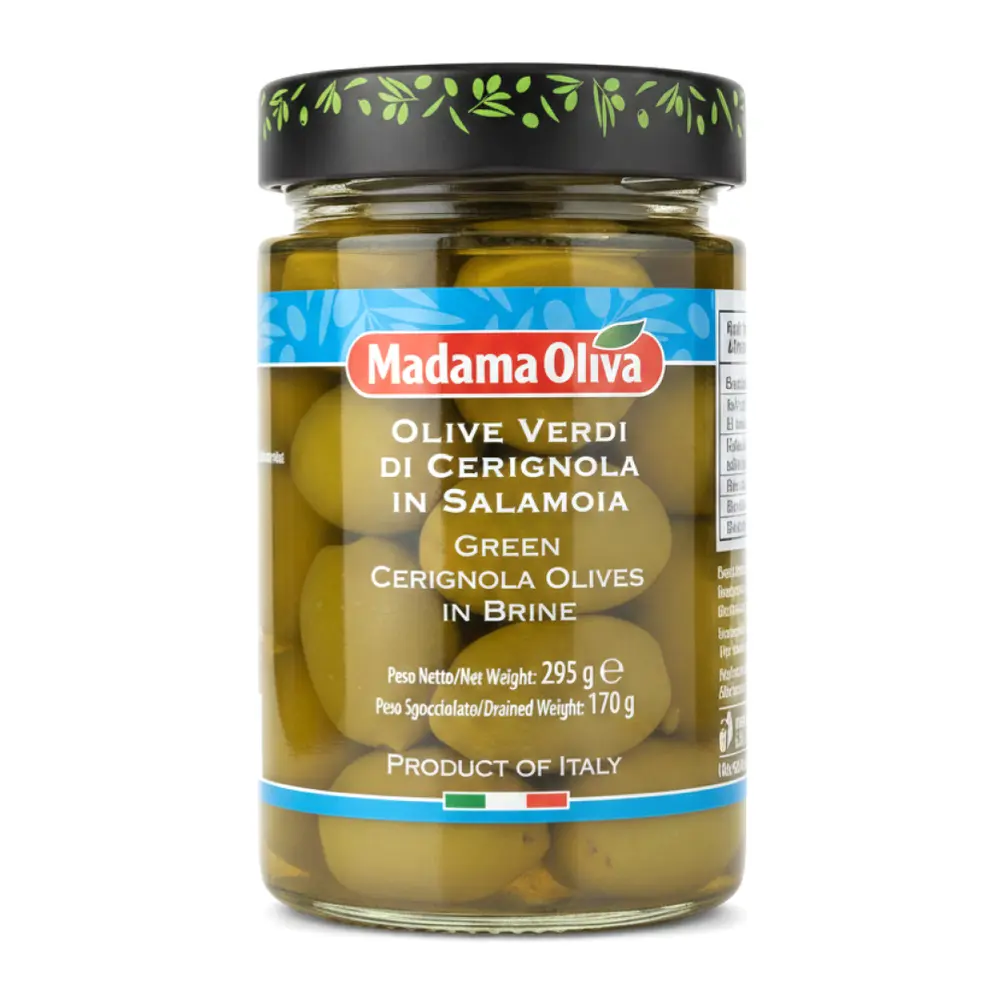 Oliu Xanh Ngâm Nước Muối, Green Cerignola Olives in Brine (295g) - MADAMA OLIVA