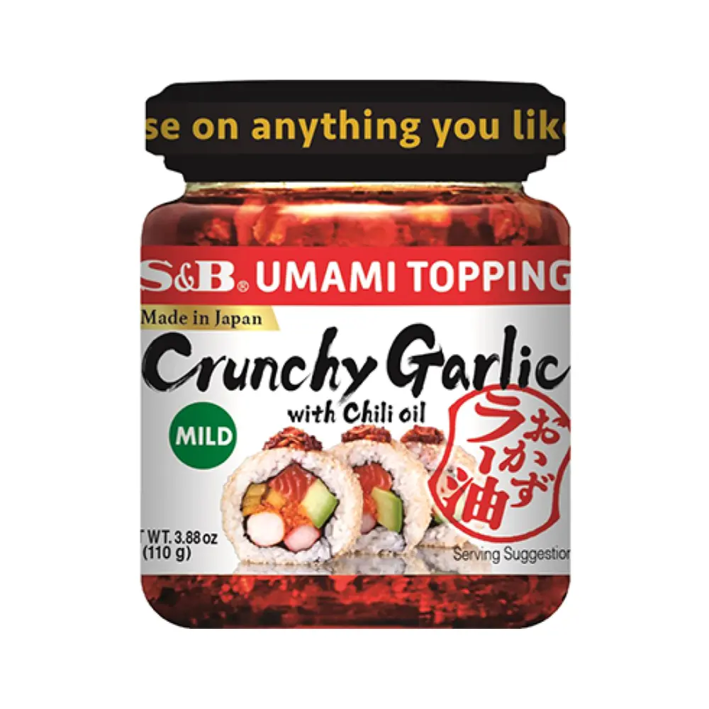 Tỏi Giòn Ngâm Dầu Ớt Cay Vừa, Umami Topping, Crunchy Garlic with Chili Oil, Mild, 3.88 oz (110g) - S&B
