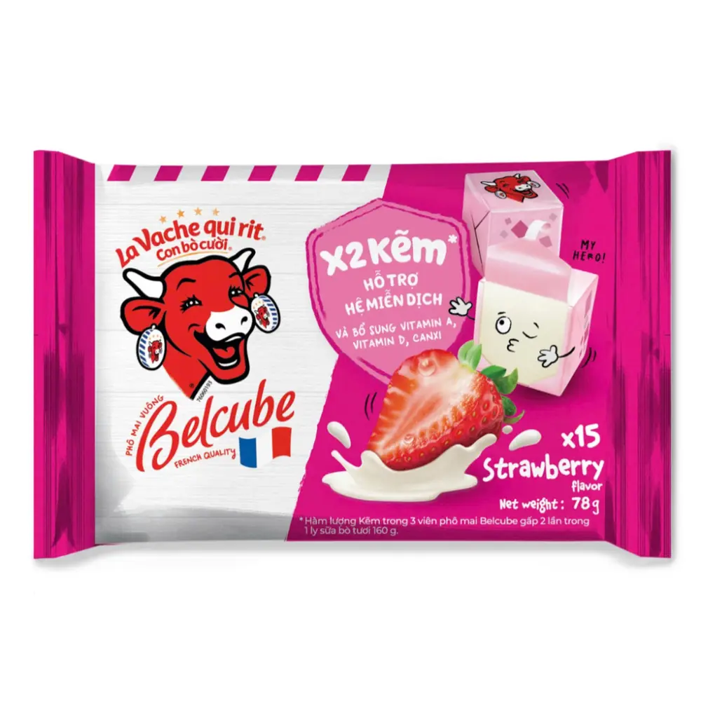 Phô Mai Vuông Vị Dâu, Belcube, Cheese Cubes, Strawbery, 15 Viên (78g) - LA VACHE QUI RIT