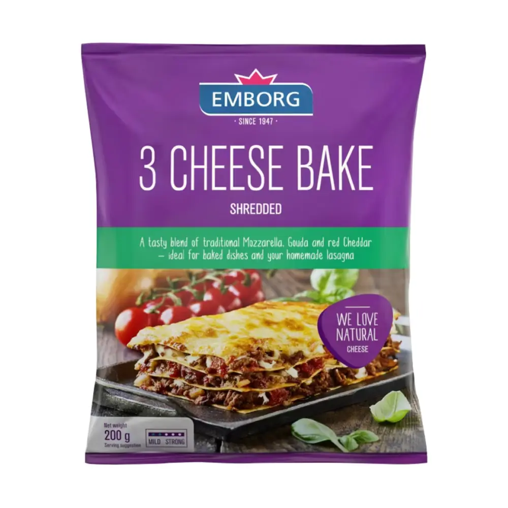 Phô Mai Bào 3 Loại, 3 Cheese Bake Shredded, Mozzarella, Gouda & Red Cheddar (200g) - EMBORG