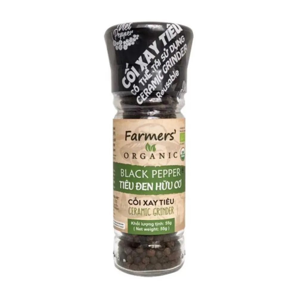 Tiêu Đen Hạt Hữu Cơ Nắp Cối Xay, Organic Black Pepper, Ceramic Ginder (55g) - FARMERS ORGANIC