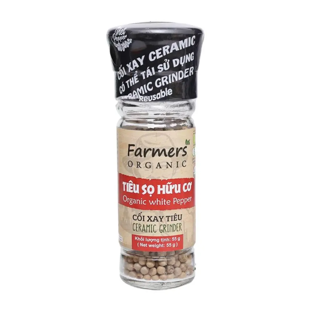 Tiêu Sọ Hạt Hữu Cơ Nắp Cối Xay, Organic White Pepper, Ceramic Ginder (55g) - FARMERS ORGANIC