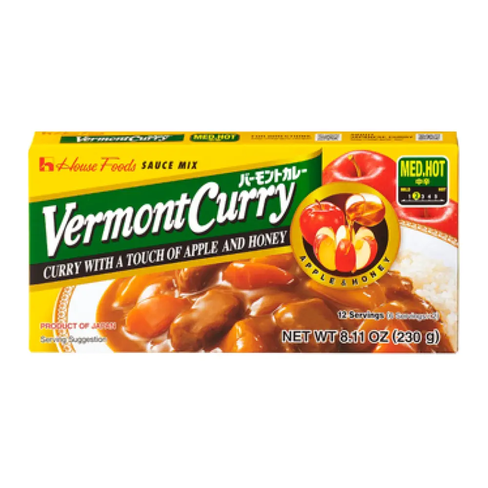 Viên Sốt Cà Ri Vị Táo Mật Ong Cay Vừa, Vermont Curry with Apple & Honey, Medium Hot, 12 Phần, 8.11 oz (230g) - HOUSE FOODS