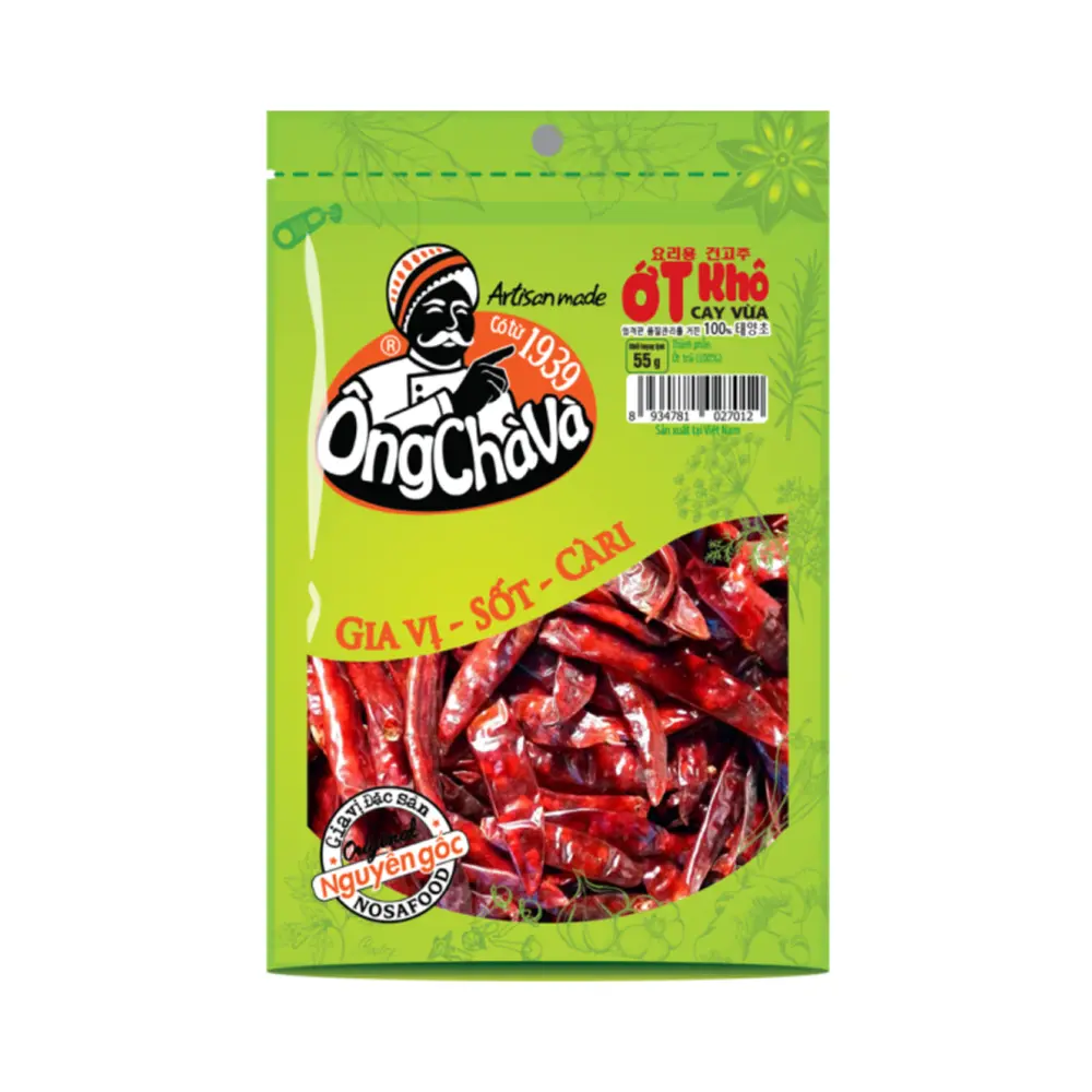 Ớt Khô Cay Vừa, Dried Whole Chillies, Medium Spicy (55g) - ONG CHA VA