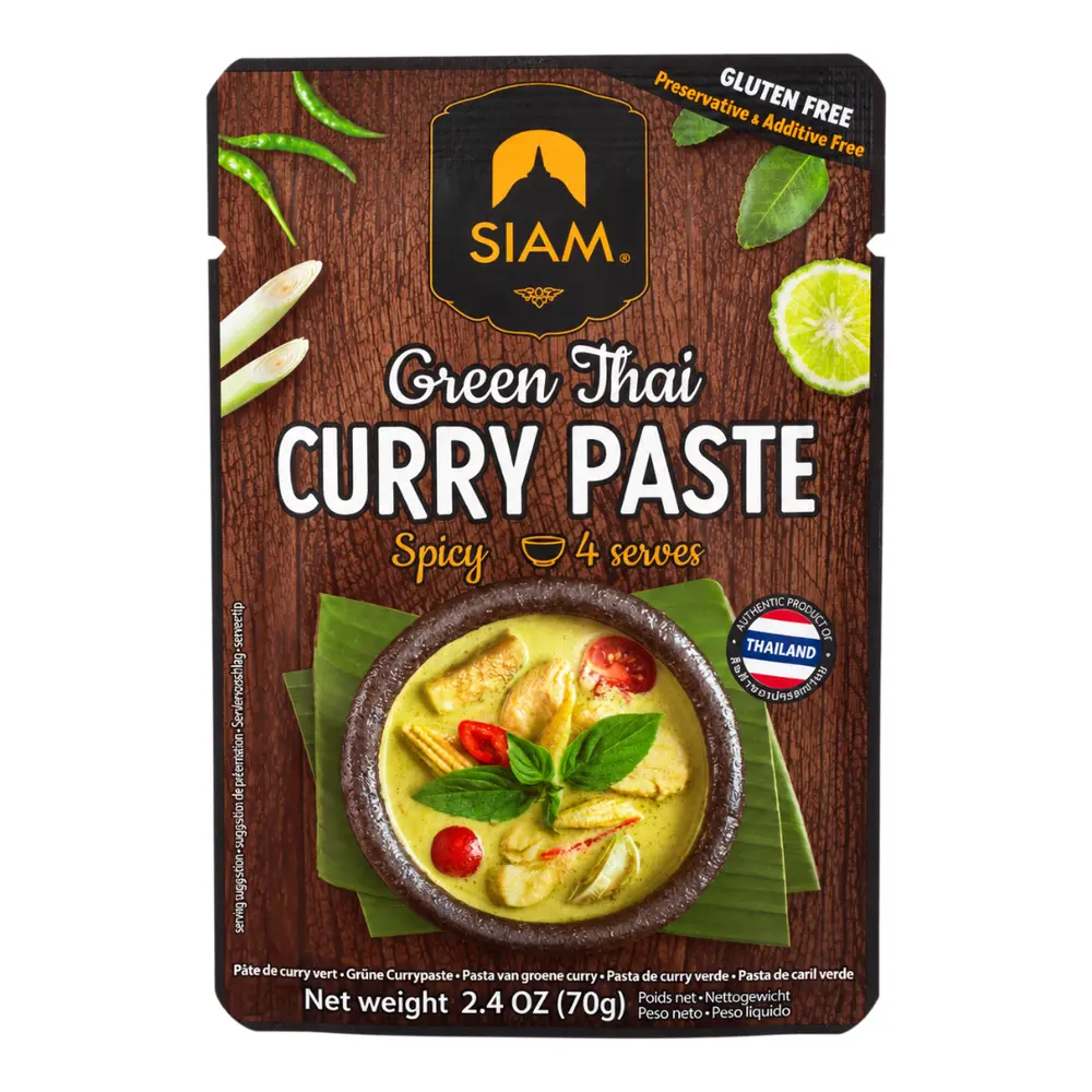 Sốt Cà Ri Xanh Ớt Xanh & Sả Chanh, Green Thai Curry Paste, Spicy, 4 Phần, 2.4 oz (70g) - SIAM