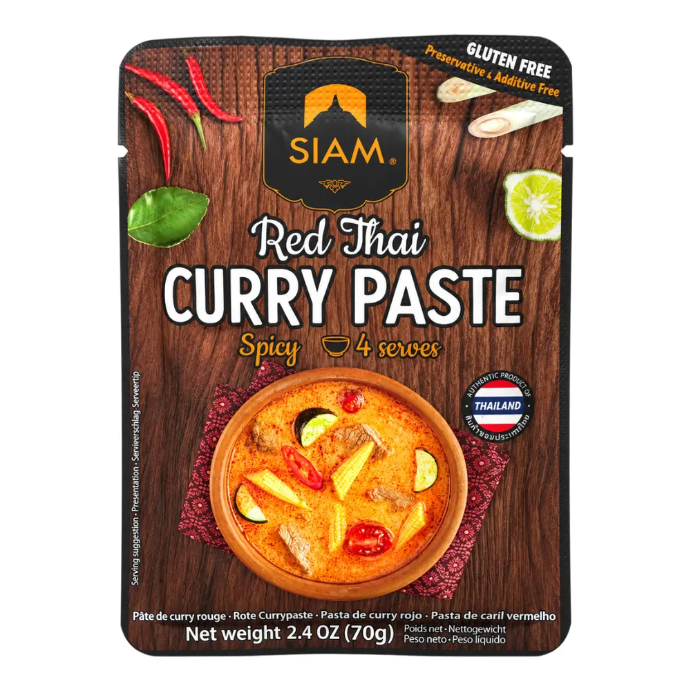 Sốt Cà Ri Đỏ Ớt Đỏ & Sả Chanh, Red Thai Curry Paste, Spicy, 4 Phần, 2.4 oz (70g) - SIAM