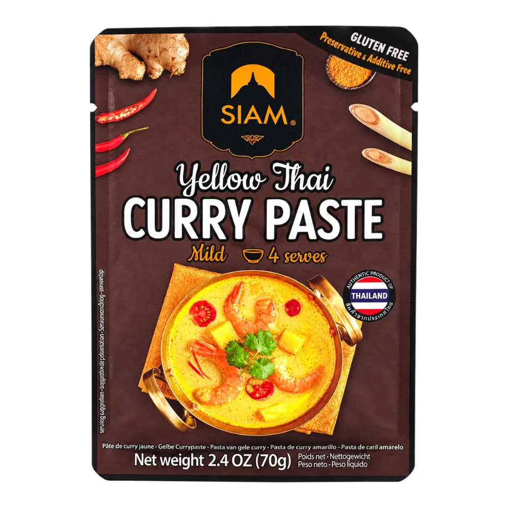 Sốt Cà Ri Vàng Ớt Hiểm & Sả Chanh, Yellow Thai Curry Paste, Mild, 4 Phần, 2.4 oz (70g) - SIAM