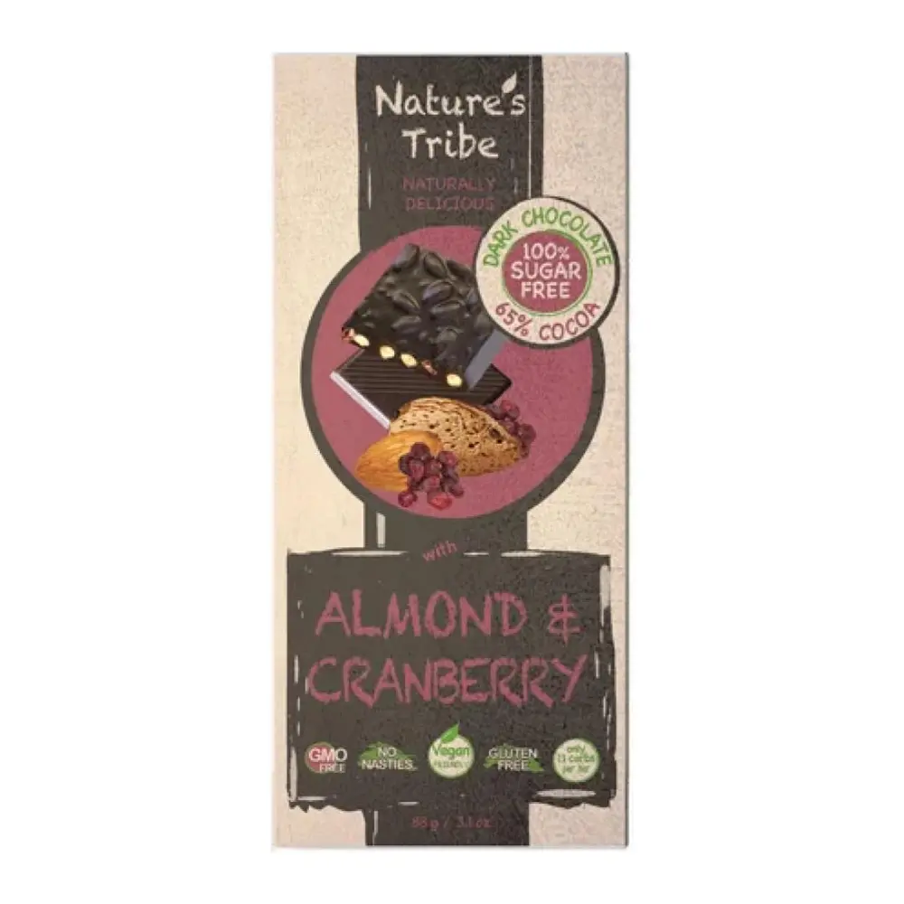 Socola Đen Hạnh Nhân & Nam Việt Quất, Dark Chocolate with Almond & Cranberry, 65% Cocoa, Sugar Free (88g) - NATURE'S TRIBE