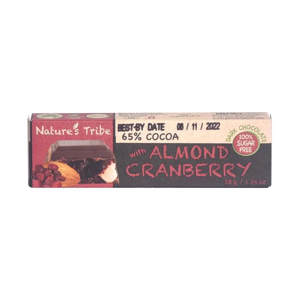 Socola Đen Hạnh Nhân & Nam Việt Quất, Dark Chocolate with Almond & Cranberry, 65% Cocoa, Sugar Free (38g) - NATURE'S TRIBE