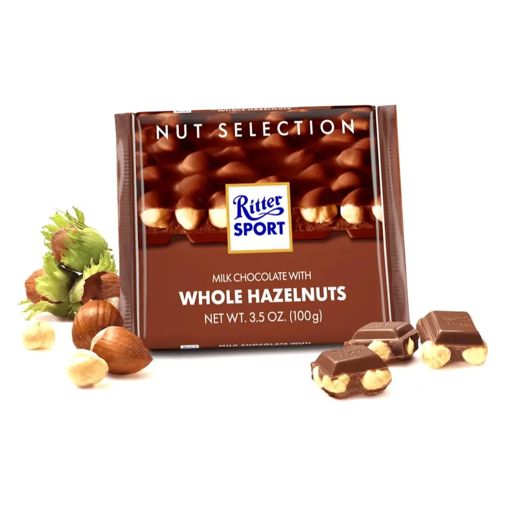 Socola Sữa Hạt Dẻ, Whole Hazelnuts, with Crunchy Roasted Whole Hazelnuts, 3.5 oz (100g) - RITTER SPORT