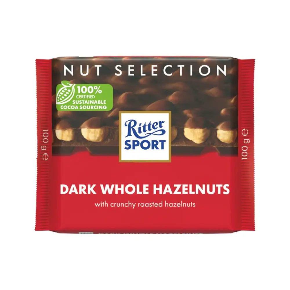 Socola Đắng Hạt Dẻ, Dark Whole Hazelnuts, with Crunchy Roasted Whole Hazelnuts, 3.5 oz (100g) - RITTER SPORT