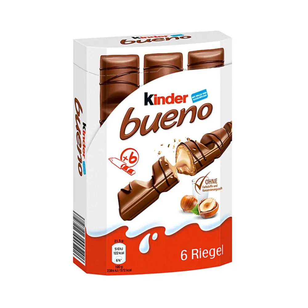 Bánh Xốp Socola Nhân Kem Hạt Dẻ, Bueno, Wafer Bars, Milk Chocolate Hazelnut, 6 Cây (129g) - KINDER