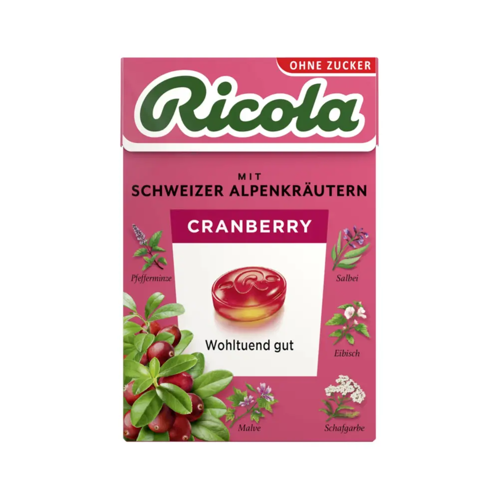 Kẹo Thảo Dược Nam Việt Quất, Swiss Herb Lozenges, Cranberry, Sugar Free (50g) - RICOLA