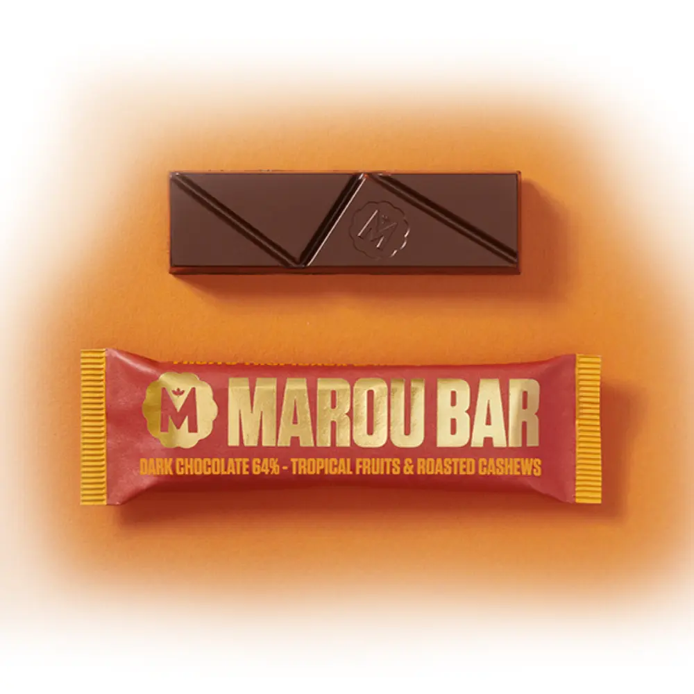 Socola Đen 64% Vị Trái Cây Nhiệt Đới & Hạt Điều Rang, Marou Bar, Dark Chocolate 64%, Tropical Fruits & Roasted Cashews (35g) - MAROU