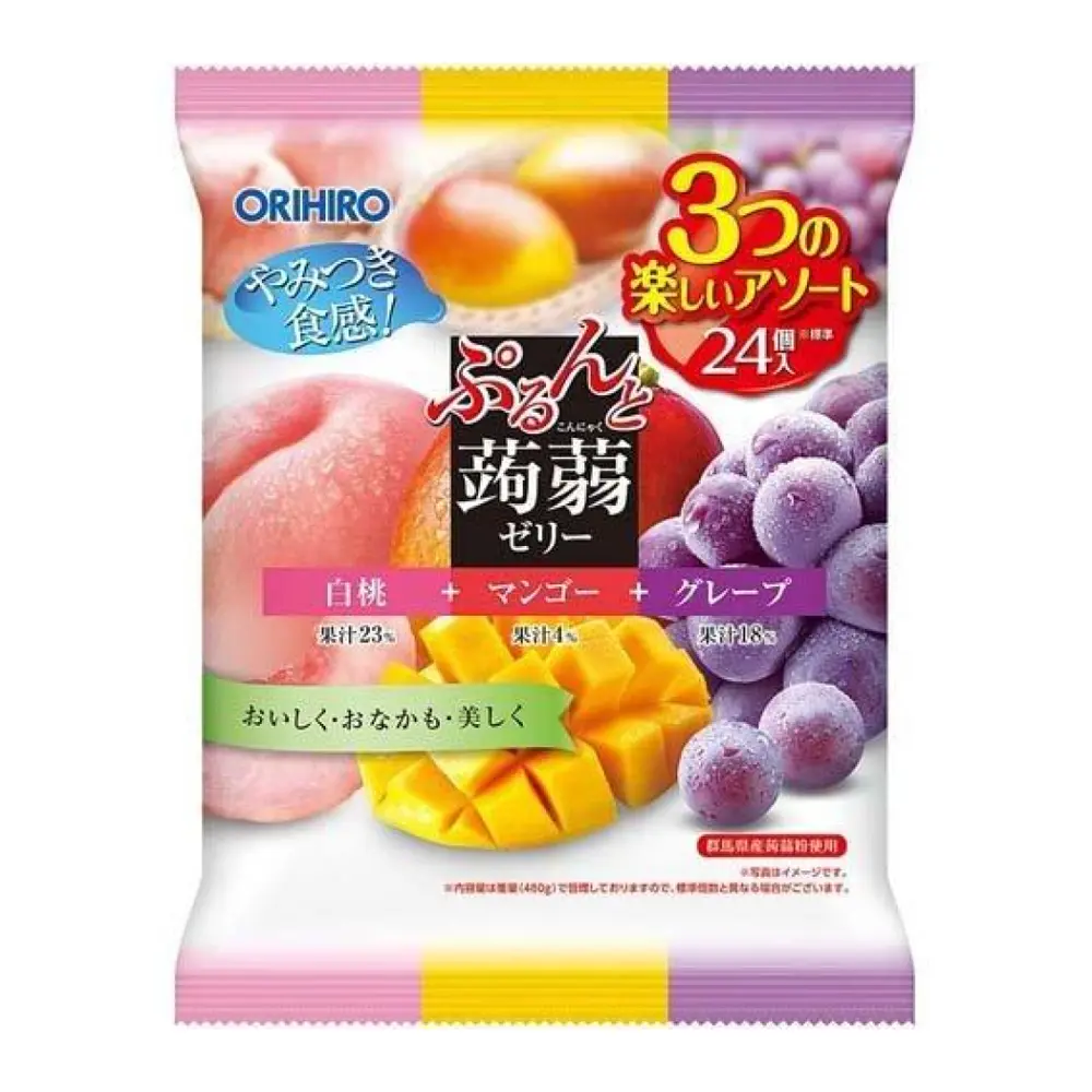 Thạch Rau Câu Vị Đào Trắng, Xoài & Nho Tím, Purun & Konjac Jelly Pouch, White Peach, Mango & Grape, 24 Gói (480g) - ORIHIRO