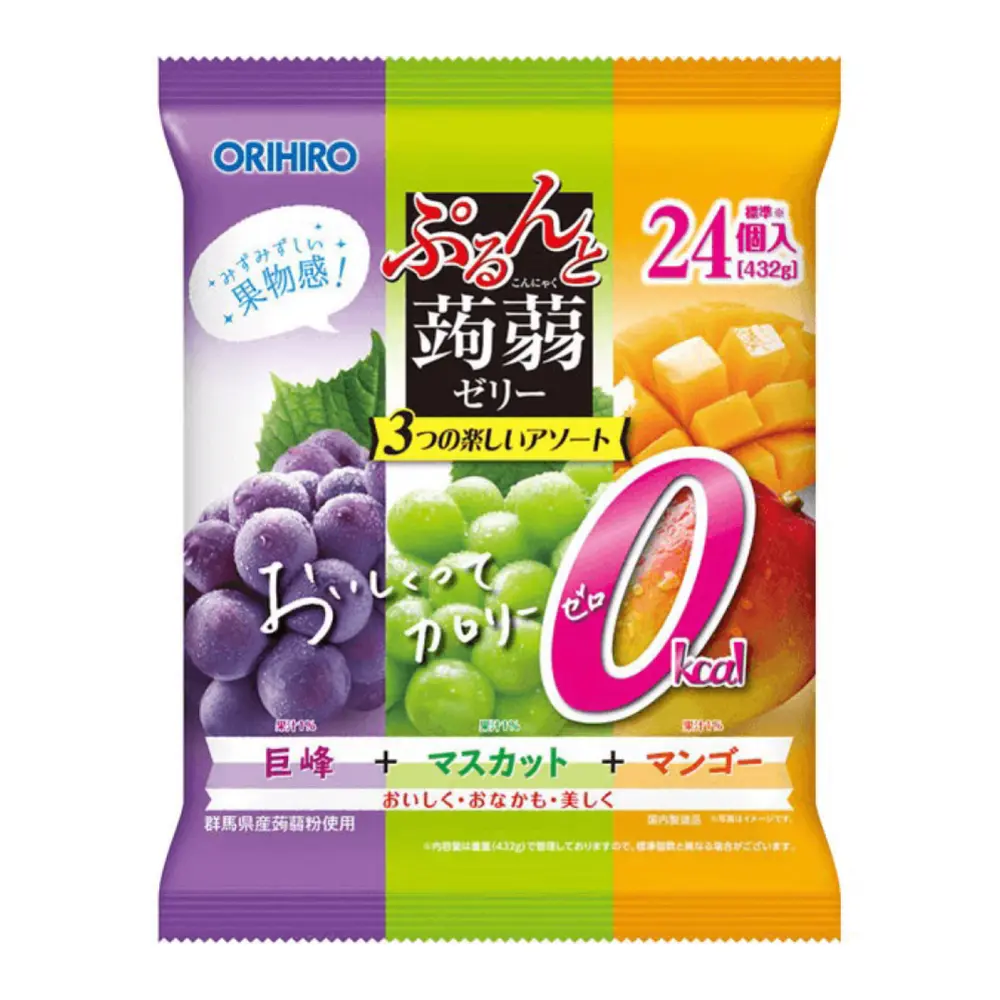 Thạch Rau Câu Vị Nho Tím, Nho Xanh & Xoài, Purun & Konjac Jelly Pouch, Grape, Shine Muscat & Mango, 24 Gói (480g) - ORIHIRO