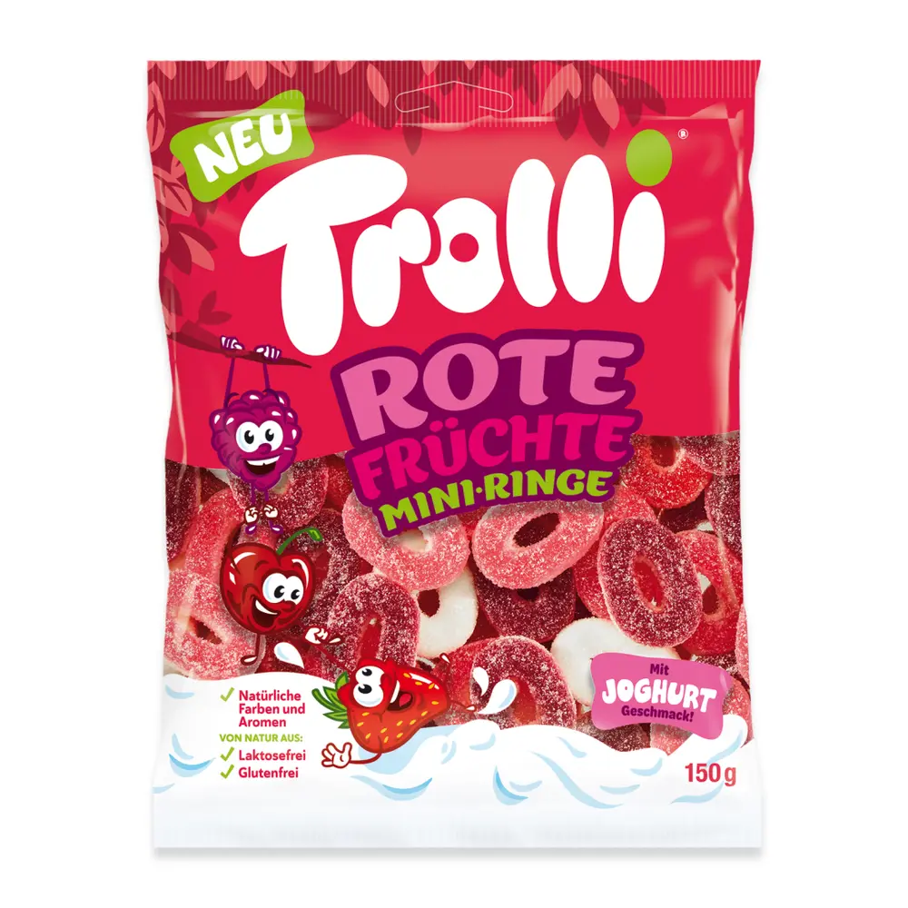 Kẹo Dẻo Vị Mâm Xôi, Cherry, Dâu Hình Vòng, Rote Fruchte Mini Ringe, mit Joghurt (150g) - TROLLI