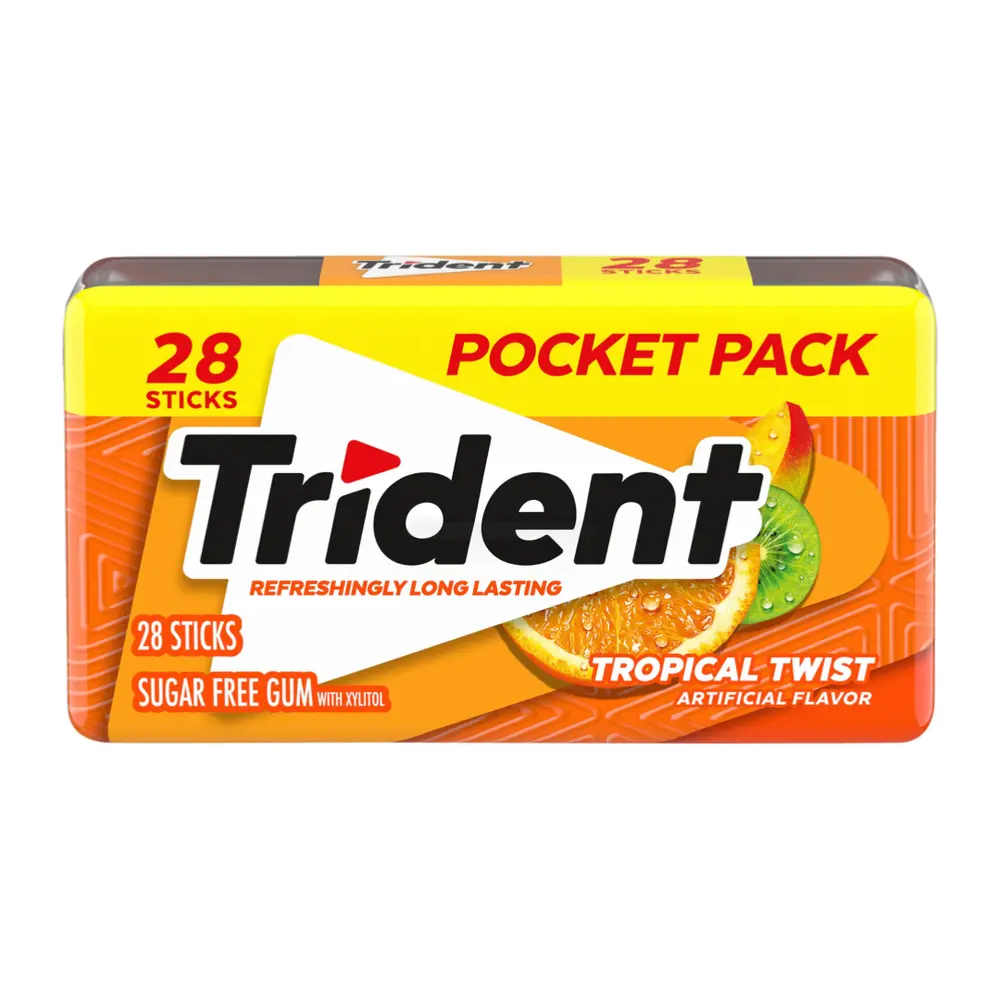 Kẹo Cao Su Không Đường Vị Trái Cây Nhiệt Đới, Sugar Free Gum with Xylitol, Tropical Twist, 28 Tép (50.4g) - TRIDENT