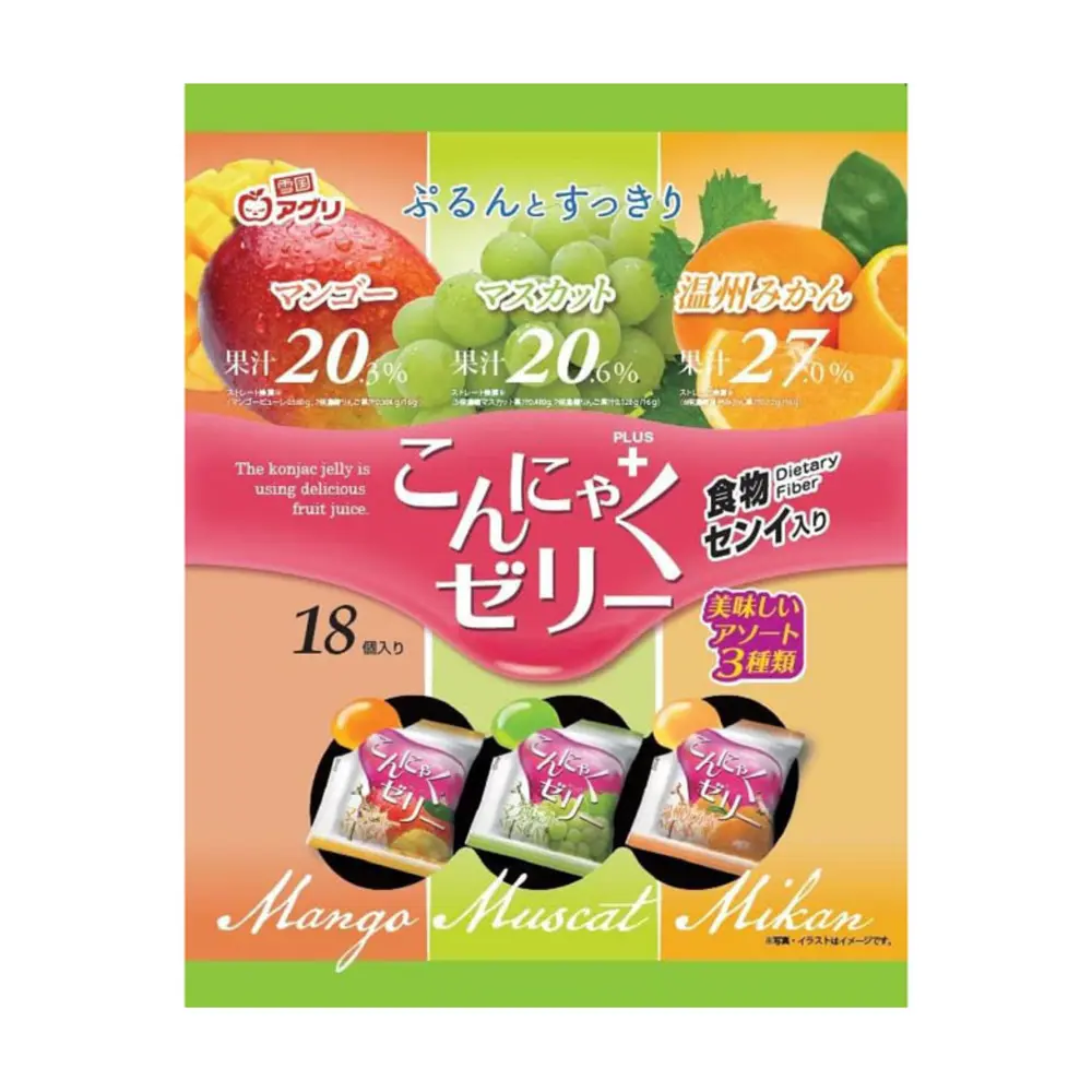 Thạch Rau Câu Tổng Hợp Vị Xoài, Nho, Quýt, Konjac Jelly, Mixed Fruit Flavours, 18 Cái (324g) - YUKIGUNI AGURI