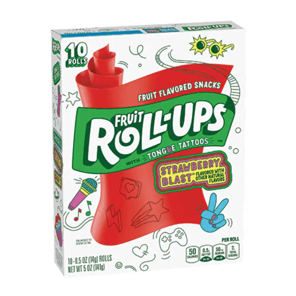 Kẹo Trái Cây Cuộn Vị Dâu, Fruit Roll-Ups with Tounge Tattoos, Strawberry Blast, 10 Cuộn, 5 oz (141g) - GENERAL MILLS