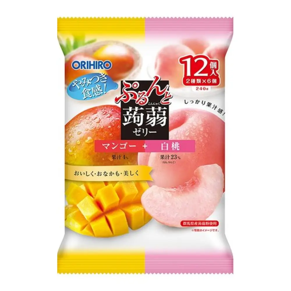 Thạch Rau Câu Vị Xoài & Đào, Purun & Konjac Jelly Pouch, Mango & Peach, 12 Gói (240g) - ORIHIRO