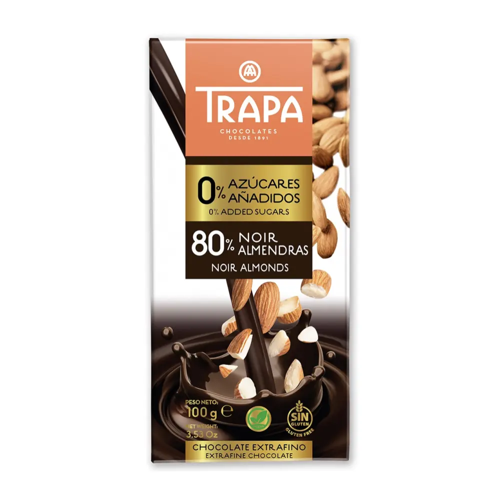Socola Đắng Hạnh Nhân Không Đường, Vegan Extra Fine Chocolate with 80% Noir Almonds, 0% Added Sugars, 3.53 oz (100g) - TRAPA